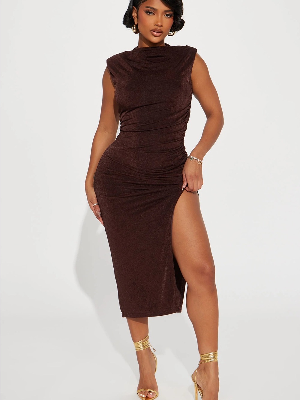 Sleeveless Brown Ruched Midi Dress with Side Thigh Slit